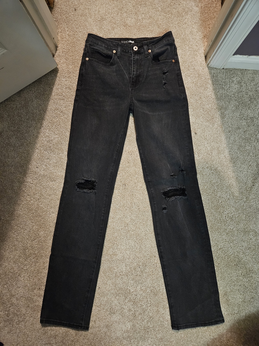 Black Distressed Straight-Leg Jeans